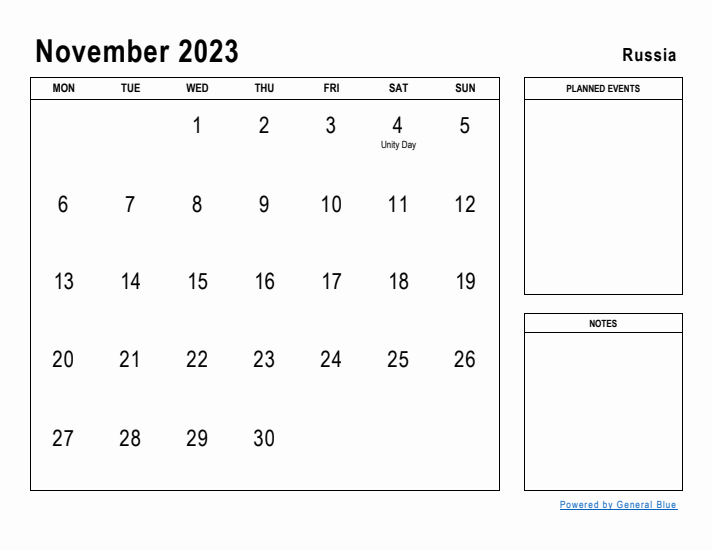 November 2023 Printable Monthly Calendar with Russia Holidays