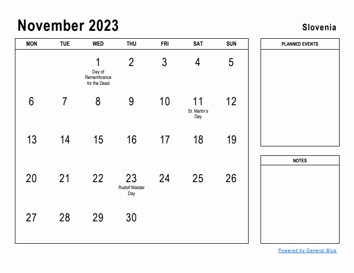 November 2023 Printable Monthly Calendar with Slovenia Holidays