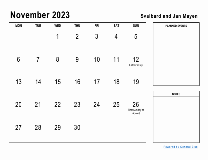 November 2023 Printable Monthly Calendar with Svalbard and Jan Mayen Holidays