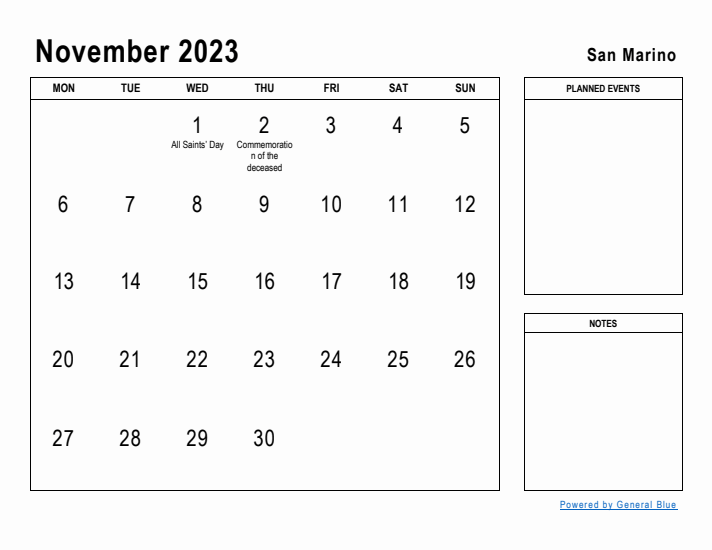 November 2023 Printable Monthly Calendar with San Marino Holidays