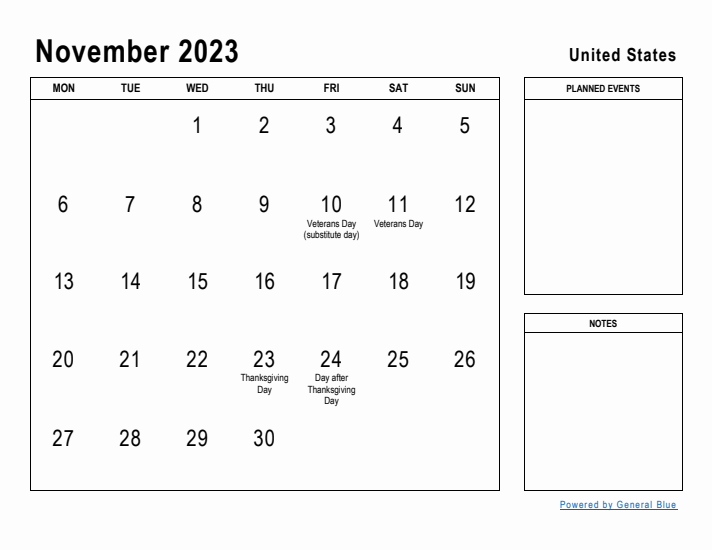 November 2023 Printable Monthly Calendar with United States Holidays