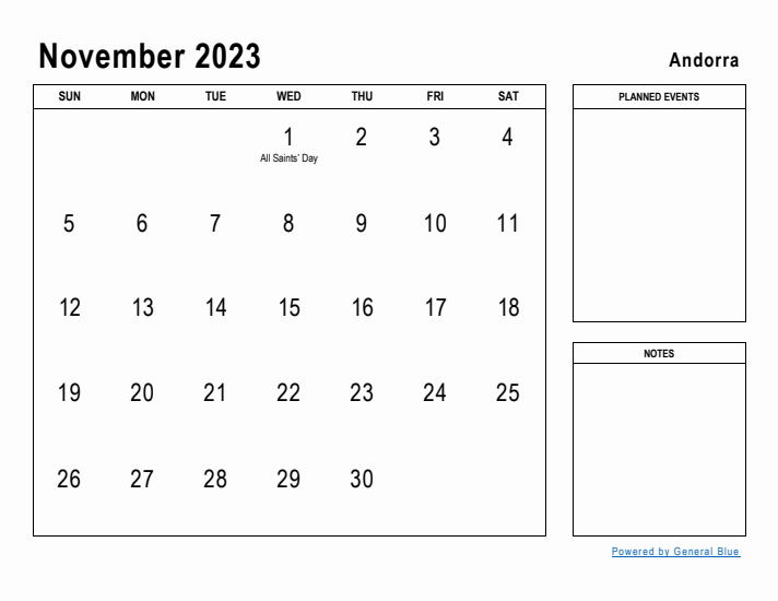 November 2023 Printable Monthly Calendar with Andorra Holidays