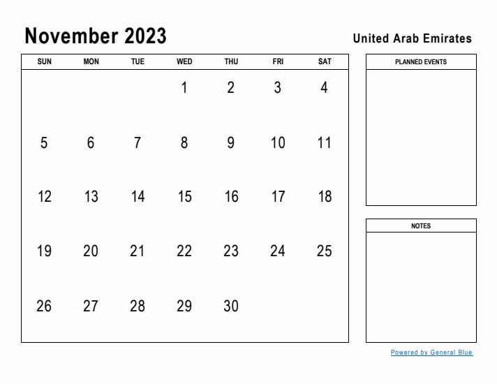 November 2023 Printable Monthly Calendar with United Arab Emirates Holidays