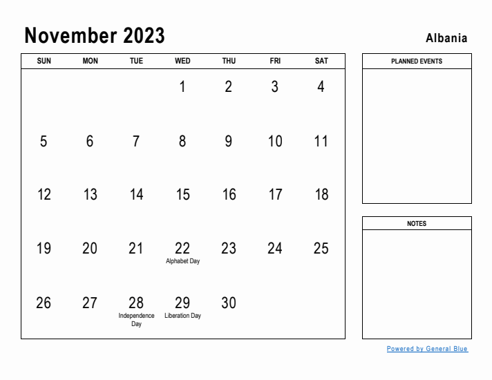 November 2023 Printable Monthly Calendar with Albania Holidays