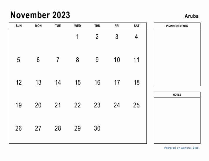 November 2023 Printable Monthly Calendar with Aruba Holidays