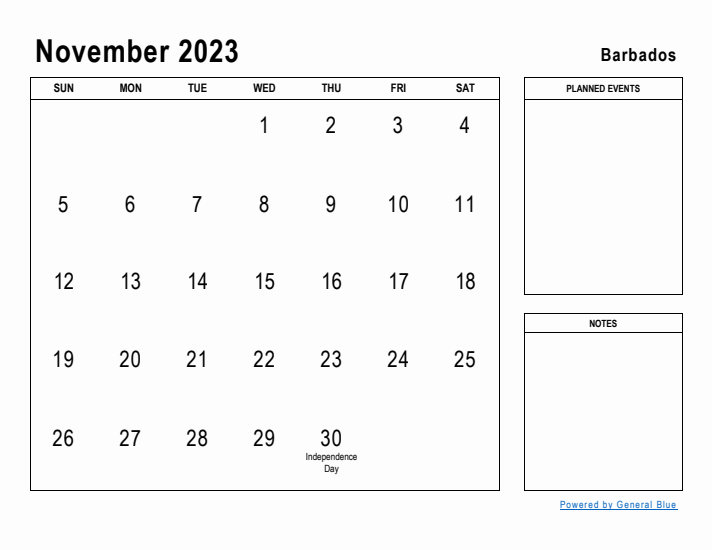 November 2023 Printable Monthly Calendar with Barbados Holidays