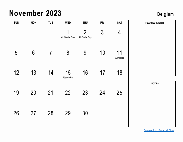 November 2023 Printable Monthly Calendar with Belgium Holidays