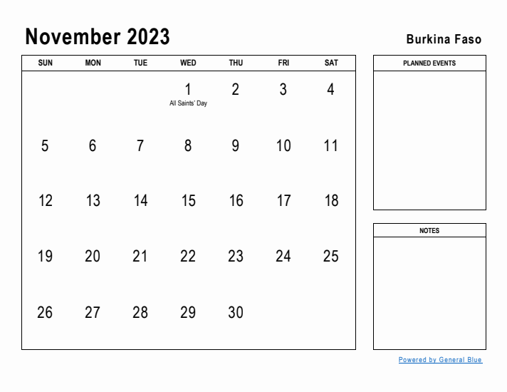 November 2023 Printable Monthly Calendar with Burkina Faso Holidays