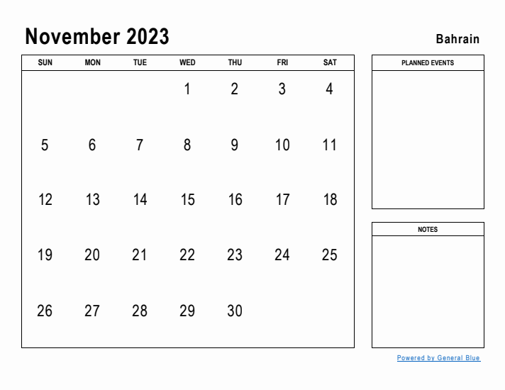 November 2023 Printable Monthly Calendar with Bahrain Holidays