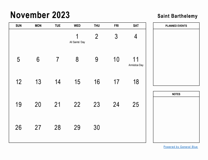 November 2023 Printable Monthly Calendar with Saint Barthelemy Holidays