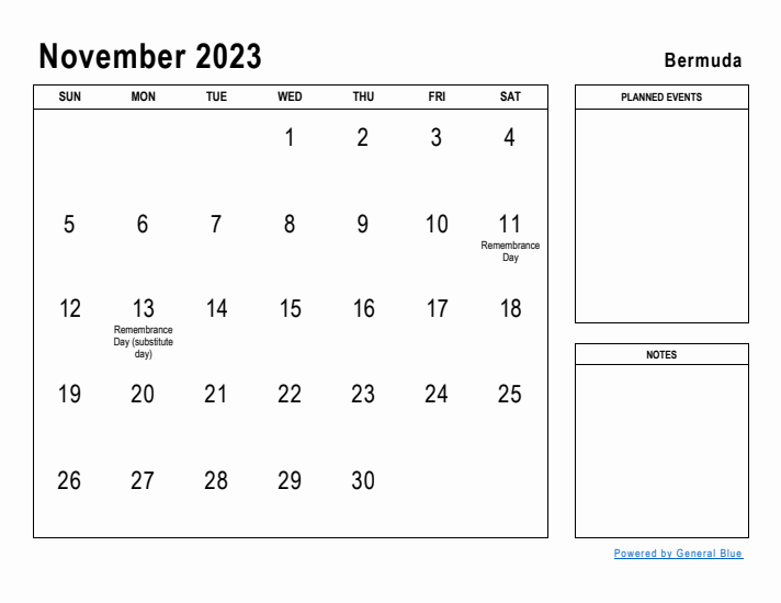 November 2023 Printable Monthly Calendar with Bermuda Holidays