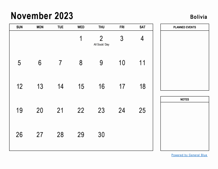 November 2023 Printable Monthly Calendar with Bolivia Holidays