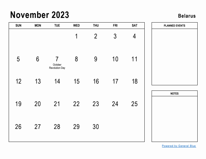 November 2023 Printable Monthly Calendar with Belarus Holidays