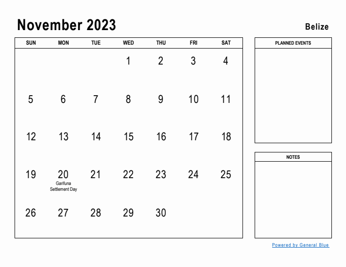 November 2023 Printable Monthly Calendar with Belize Holidays