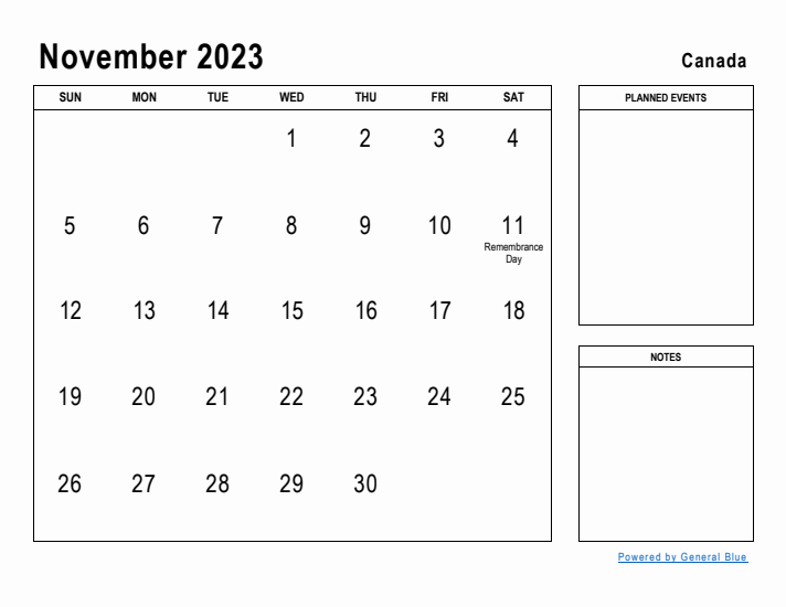 November 2023 Printable Monthly Calendar with Canada Holidays