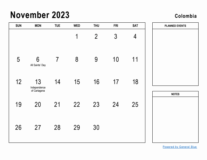 November 2023 Printable Monthly Calendar with Colombia Holidays