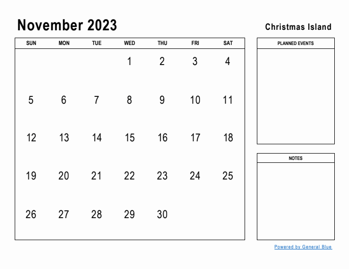 November 2023 Printable Monthly Calendar with Christmas Island Holidays