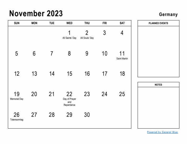 November 2023 Printable Monthly Calendar with Germany Holidays