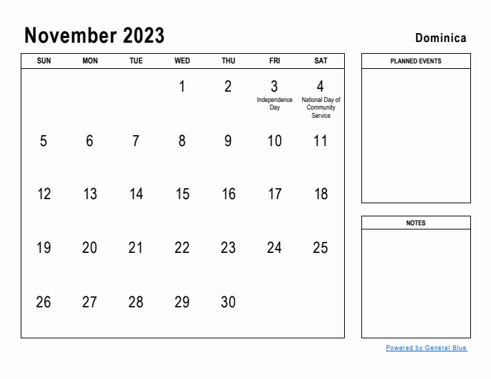 November 2023 Printable Monthly Calendar with Dominica Holidays