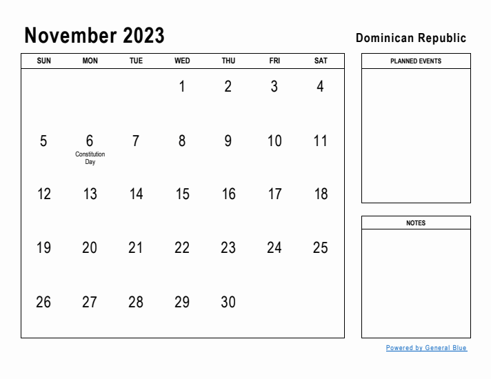 November 2023 Printable Monthly Calendar with Dominican Republic Holidays