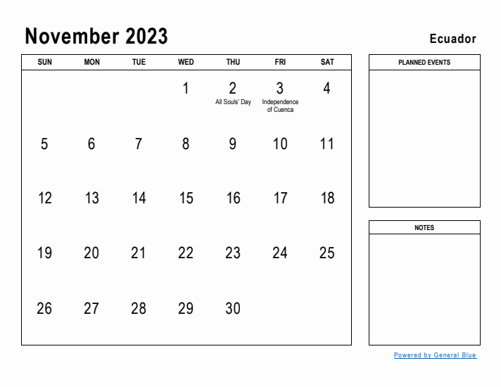 November 2023 Printable Monthly Calendar with Ecuador Holidays