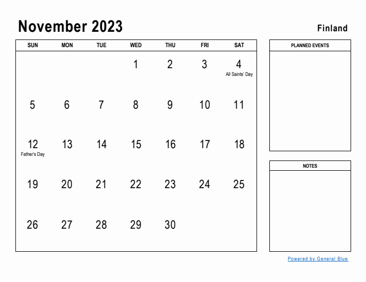 November 2023 Printable Monthly Calendar with Finland Holidays