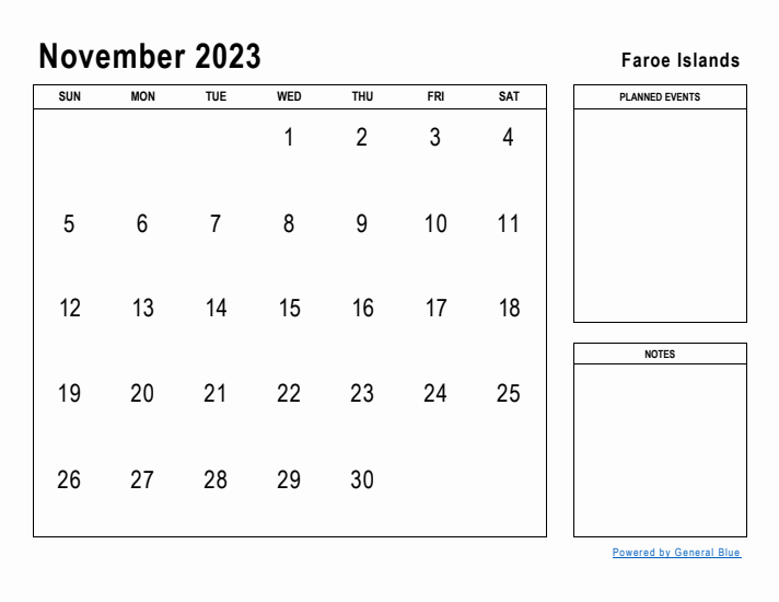 November 2023 Printable Monthly Calendar with Faroe Islands Holidays