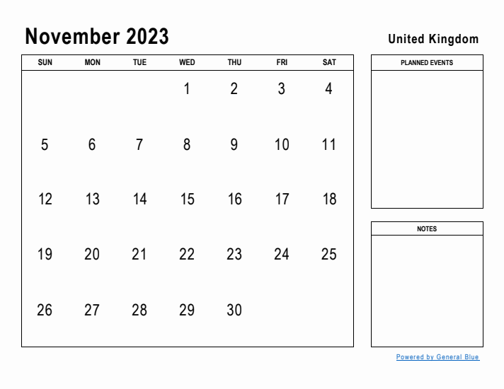 November 2023 Printable Monthly Calendar with United Kingdom Holidays