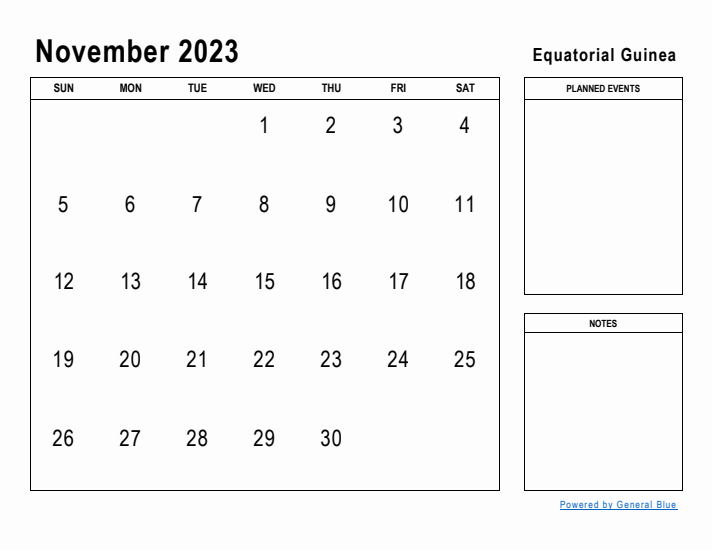 November 2023 Printable Monthly Calendar with Equatorial Guinea Holidays