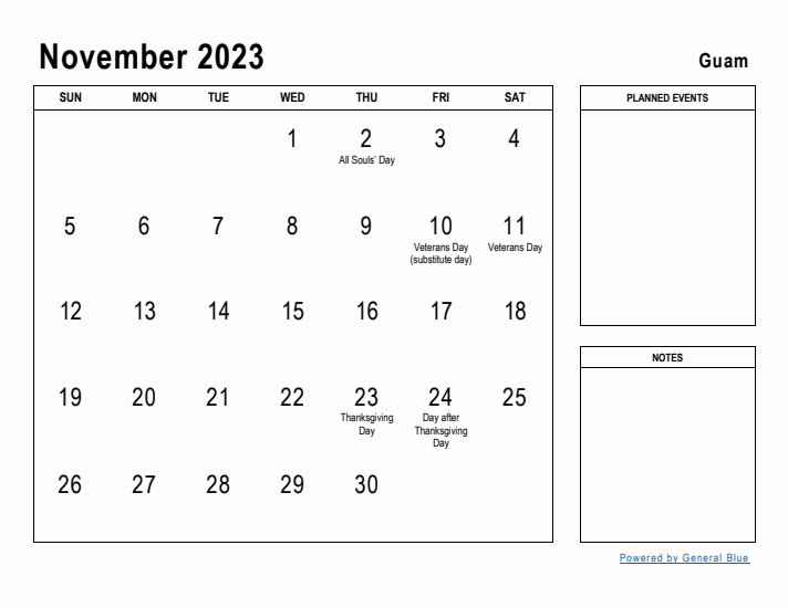 November 2023 Printable Monthly Calendar with Guam Holidays