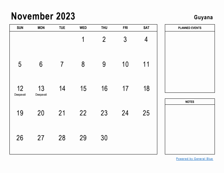 November 2023 Printable Monthly Calendar with Guyana Holidays