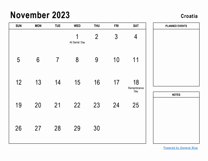 November 2023 Printable Monthly Calendar with Croatia Holidays