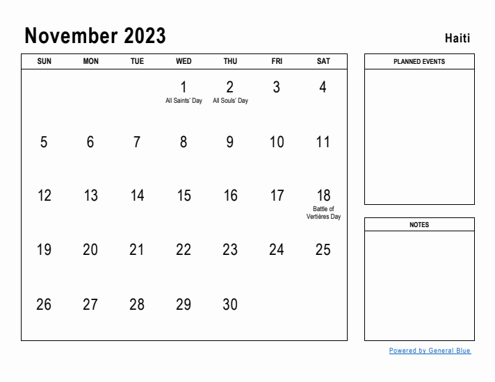 November 2023 Printable Monthly Calendar with Haiti Holidays