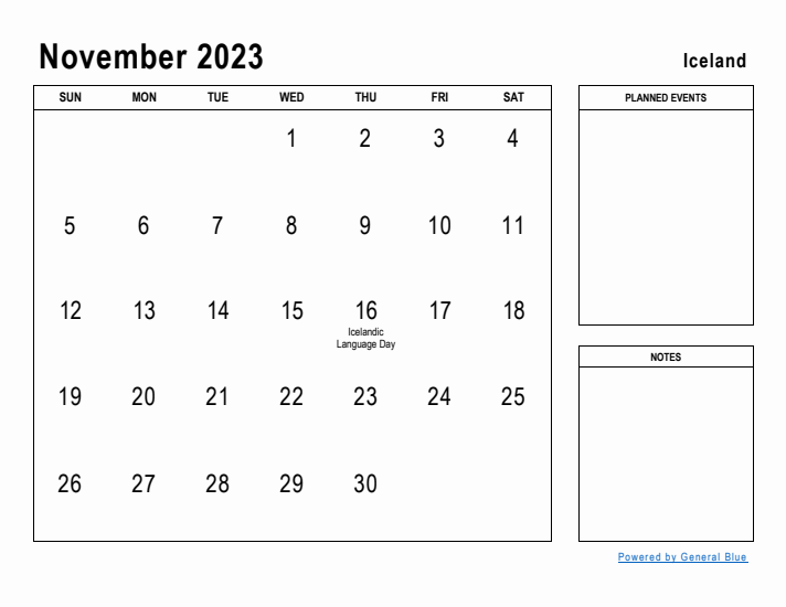 November 2023 Printable Monthly Calendar with Iceland Holidays