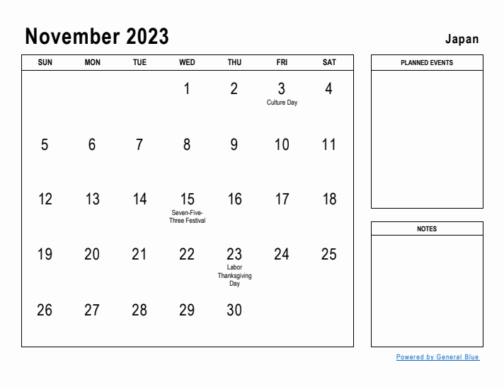 November 2023 Printable Monthly Calendar with Japan Holidays