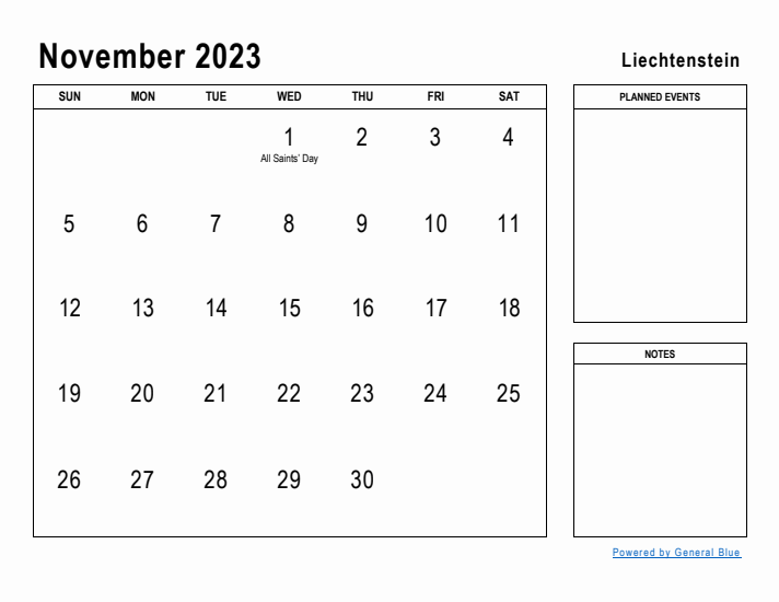 November 2023 Printable Monthly Calendar with Liechtenstein Holidays