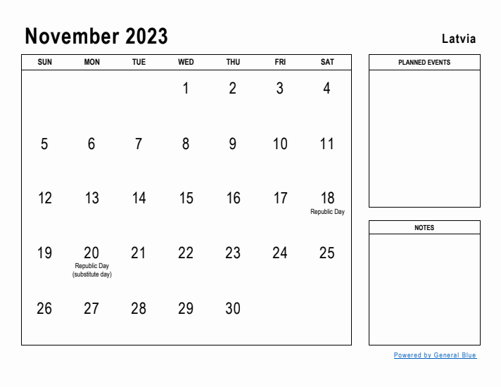 November 2023 Printable Monthly Calendar with Latvia Holidays