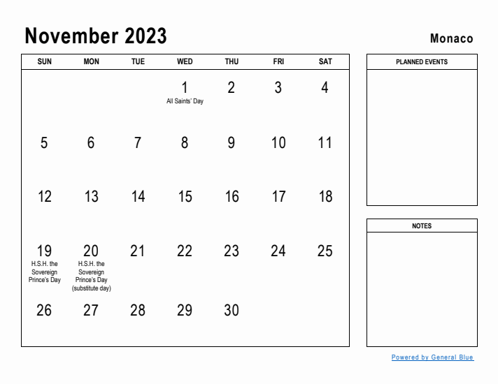 November 2023 Printable Monthly Calendar with Monaco Holidays