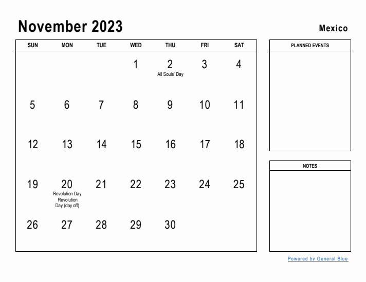 November 2023 Printable Monthly Calendar with Mexico Holidays