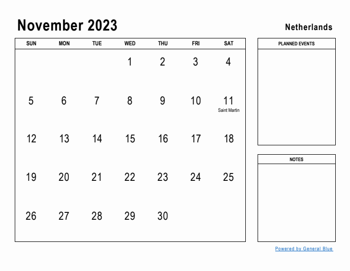 November 2023 Printable Monthly Calendar with The Netherlands Holidays