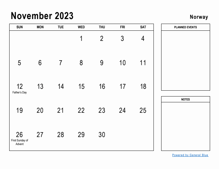 November 2023 Printable Monthly Calendar with Norway Holidays