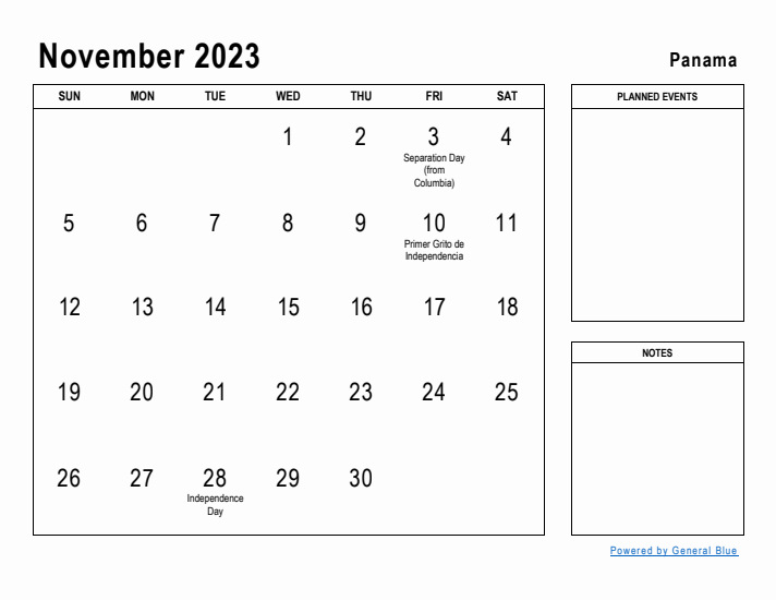 November 2023 Printable Monthly Calendar with Panama Holidays