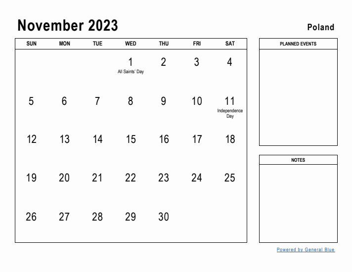 November 2023 Printable Monthly Calendar with Poland Holidays