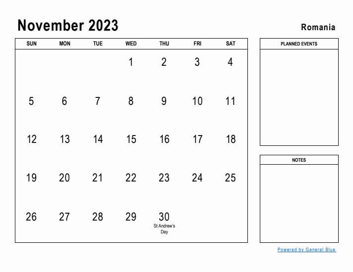 November 2023 Printable Monthly Calendar with Romania Holidays