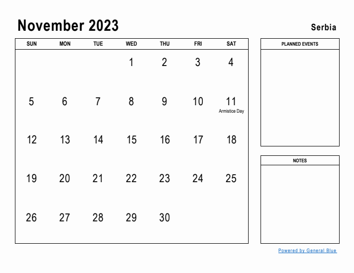 November 2023 Printable Monthly Calendar with Serbia Holidays