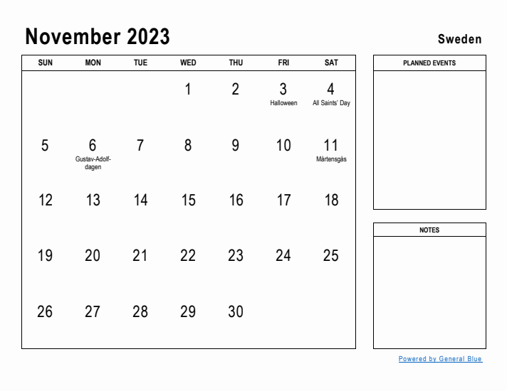 November 2023 Printable Monthly Calendar with Sweden Holidays