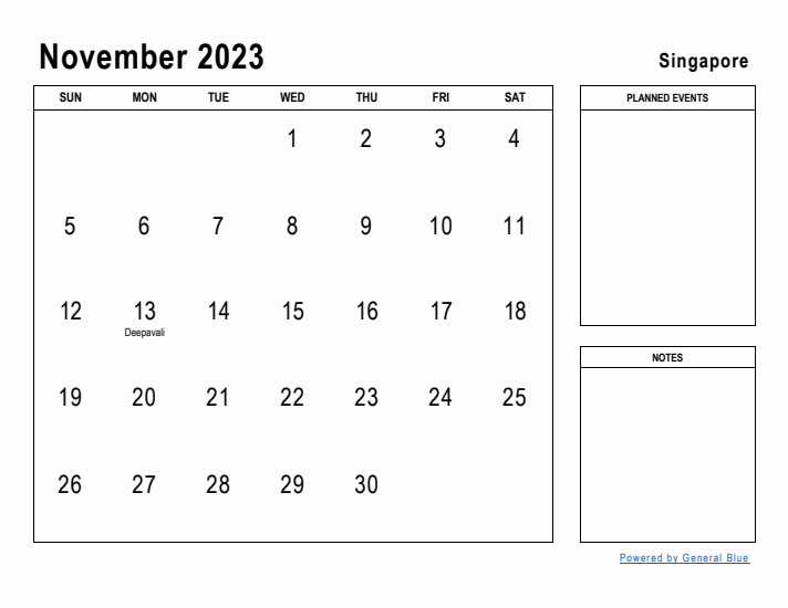 November 2023 Printable Monthly Calendar with Singapore Holidays