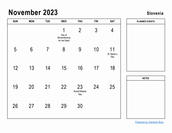 November 2023 Printable Monthly Calendar with Slovenia Holidays