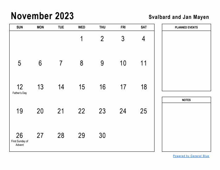 November 2023 Printable Monthly Calendar with Svalbard and Jan Mayen Holidays