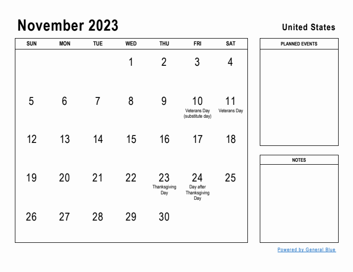 November 2023 Printable Monthly Calendar with United States Holidays